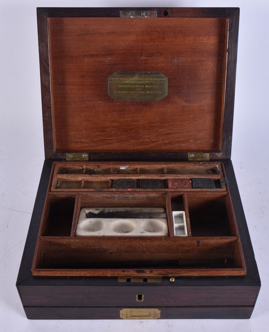 AN EARLY VICTORIAN WOOD PAINT BOX. 24 cm x 21 cm. (1 of 6)