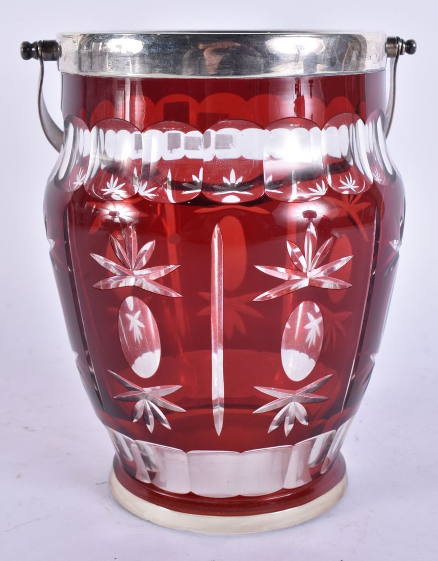 A SILVER MOUNTED RUBY GLASS BARREL. 27 cm high inc handle. (1 of 5)