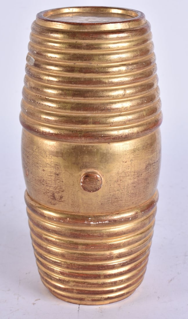 A CONTINENTAL GILDED WOOD BARREL BOX AND COVER. 19.5 cm high. (1 of 5)