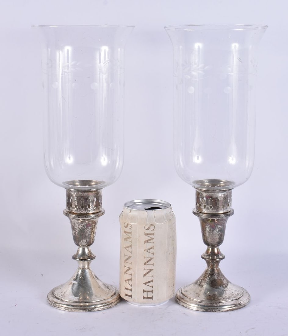 A LARGE PAIR OF SILVER AND GLASS LANTERN STICKS. 720 grams overall. 33 cm high. (1 of 6)