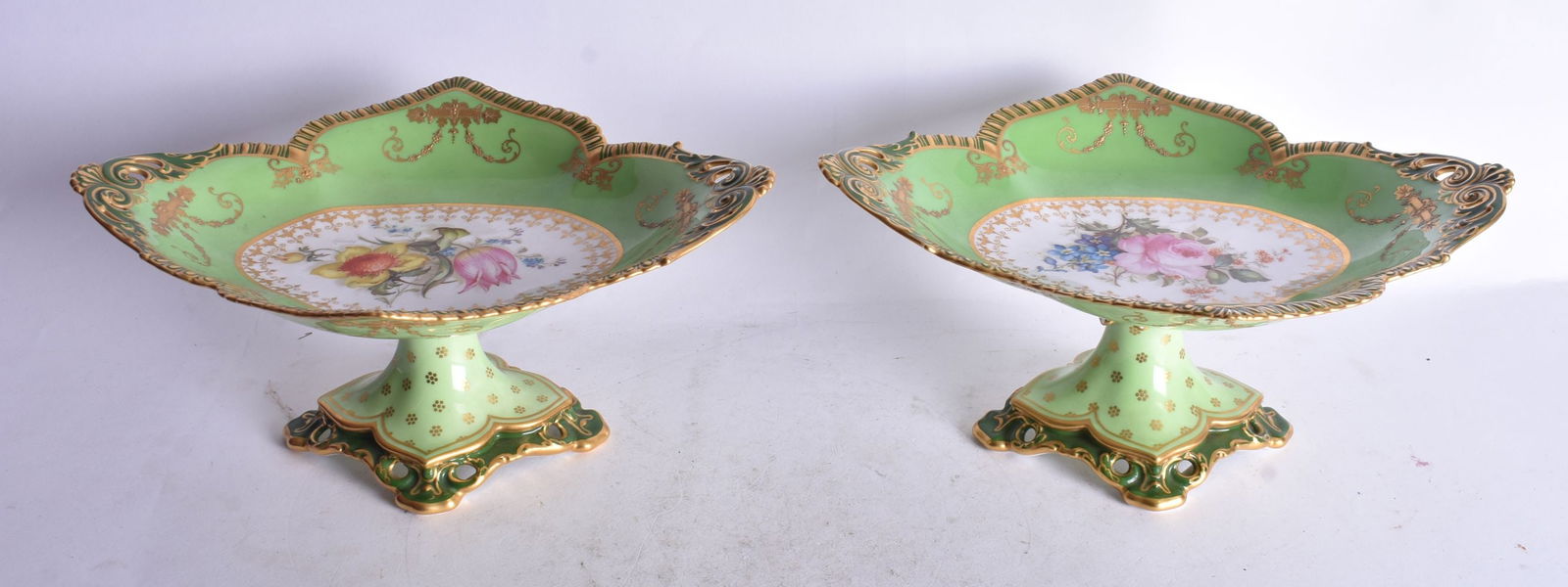 Royal Crown Derby pair of tall comports painted with two tone green borders, the centre finely paint (1 of 3)