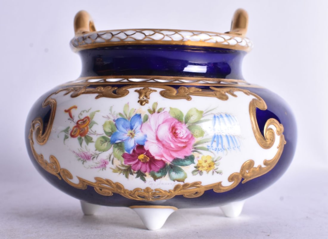Royal Crown Derby two handle vase with four feet painted with blue and gilt ground and a large bouqu (1 of 3)
