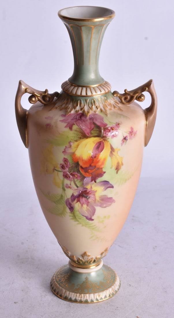 Royal Worcester two handled blush ivory vase painted with flowers date mark 1899. 21cm height (1 of 4)