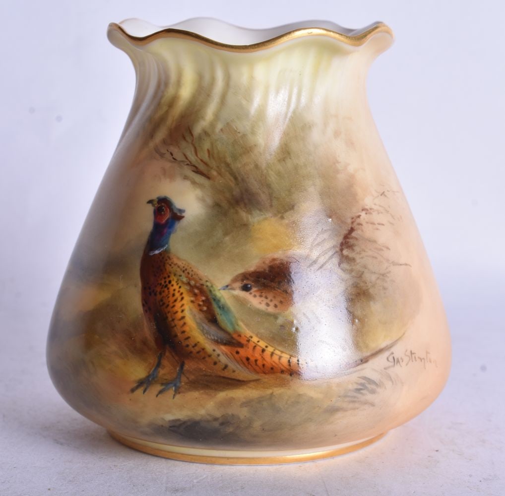 Royal Worcester vase with pie crust rim painted with a brace of pheasants by Jas. Stinton, date mark (1 of 3)
