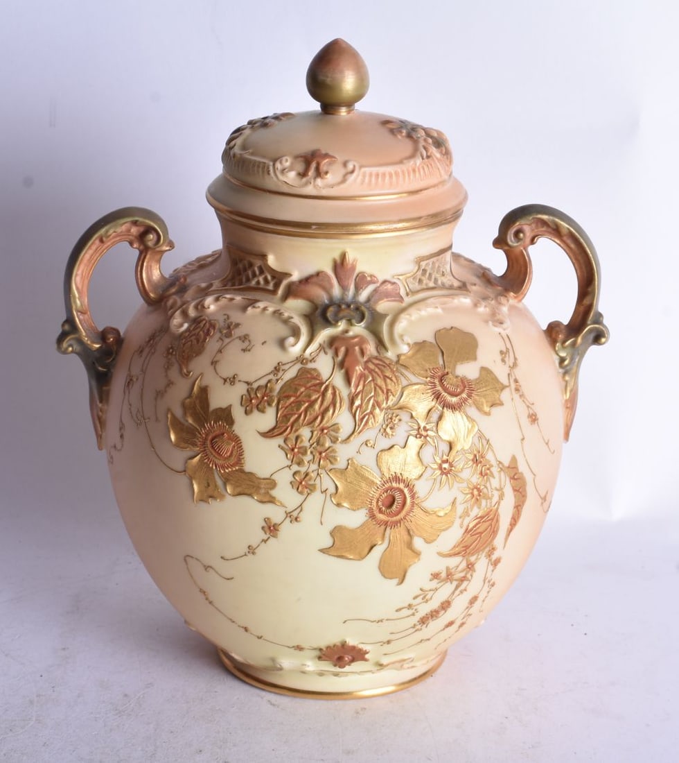 Royal Worcester two handled ovoid blush ivory vase and cover painted and gilded with flowers date ma (1 of 3)
