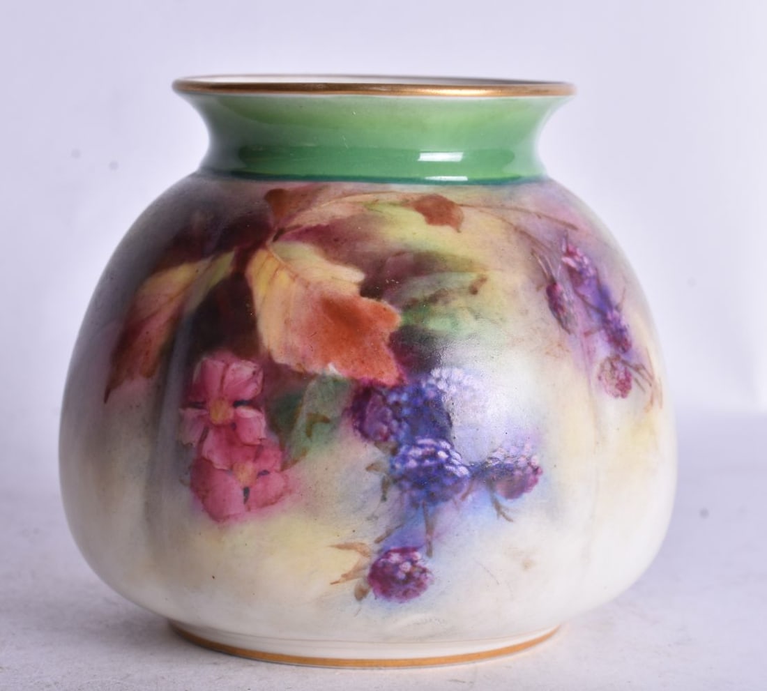 Late 19th century Hadley Worcester moulded vase painted with flowers under a green neck. 8cm height (1 of 3)