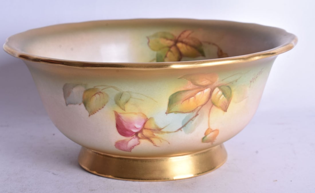 Royal Worcester fine bowl painted with roses inside and out by Millie Hunt, signed, date mark 1941. (1 of 3)