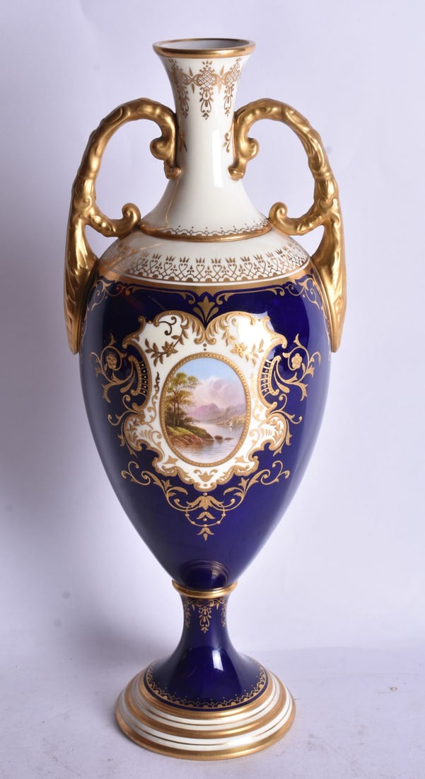 Late 19th early 20th century Coalport two handled vase painted with a scene of Loch Tay on a cobalt (1 of 4)