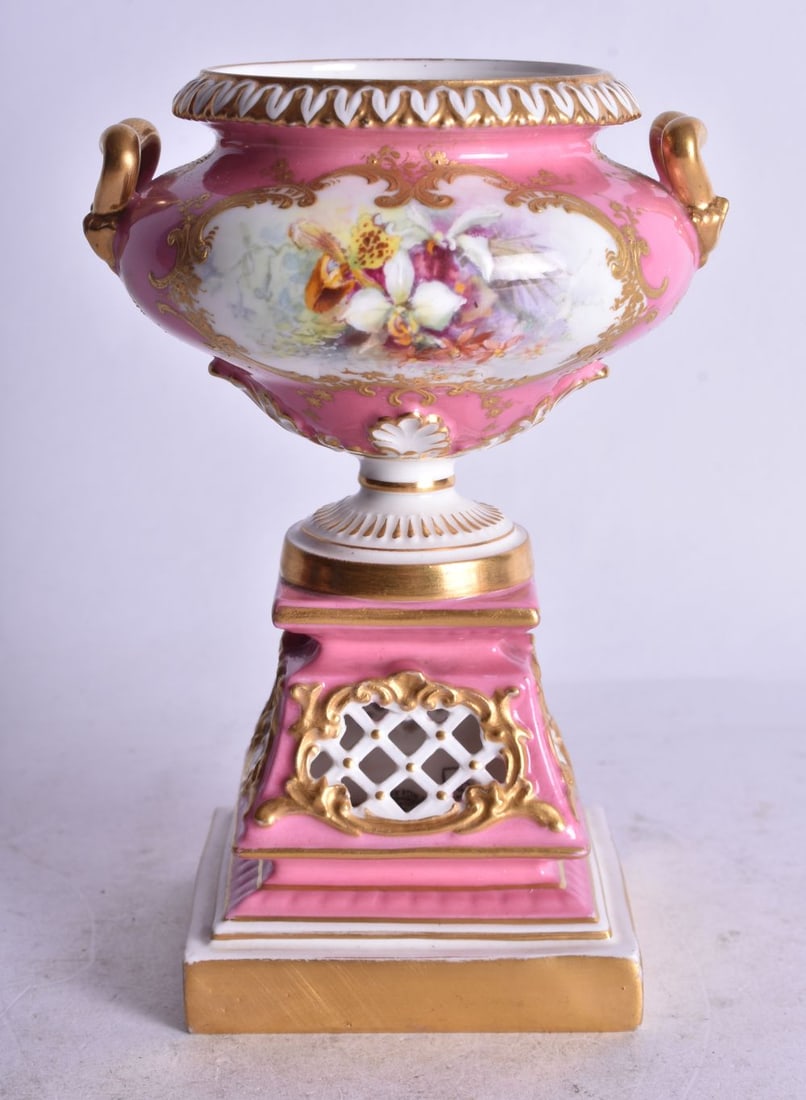 Royal Worcester vase with reticulated base painted with orchids in gilt panel on a rose pompadour gr (1 of 3)