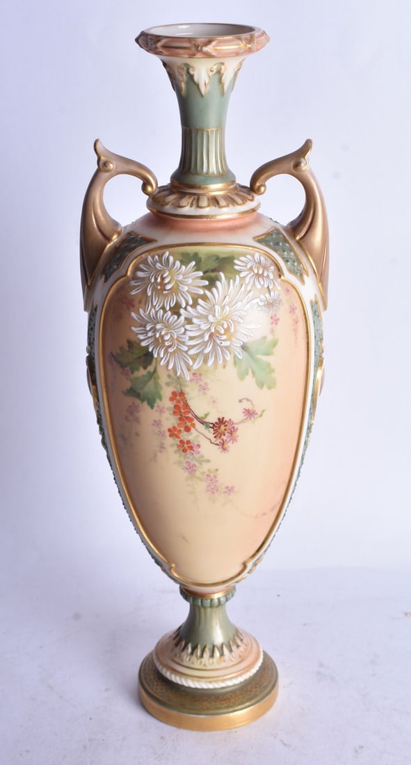 Royal Worcester two handled vase painted with flowers on a blush ivory ground date code 1898. 26cm (1 of 4)