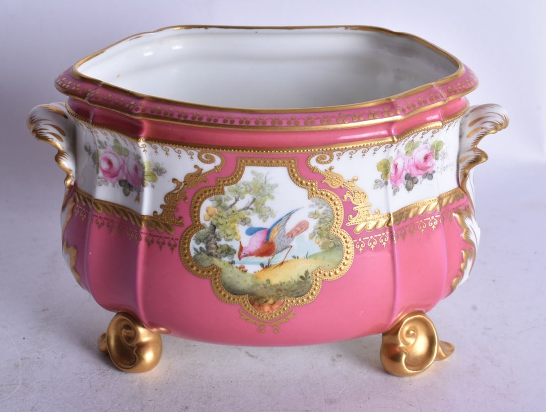 Royal Crown Derby bough pot painted with birds and roses on a rose pompadour ground date code 1909. (1 of 4)