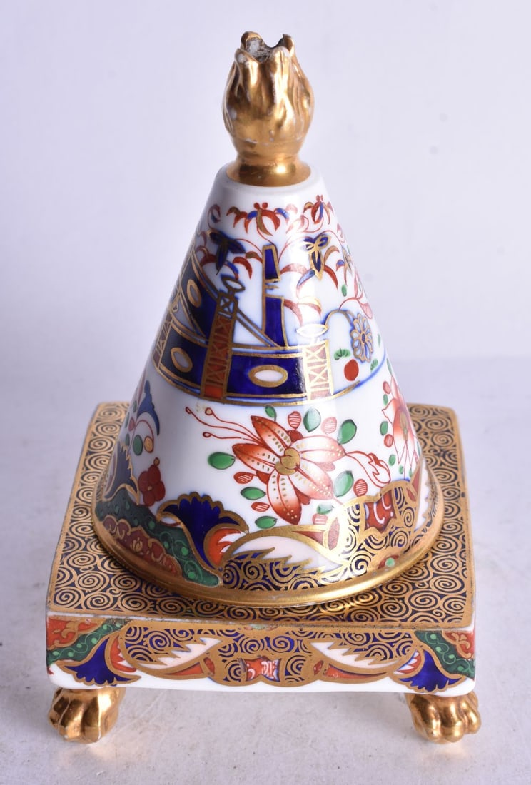 Spode Porcelain Pastille Burner on Stand of conical form with flame finial and on paw feet, painted (1 of 3)