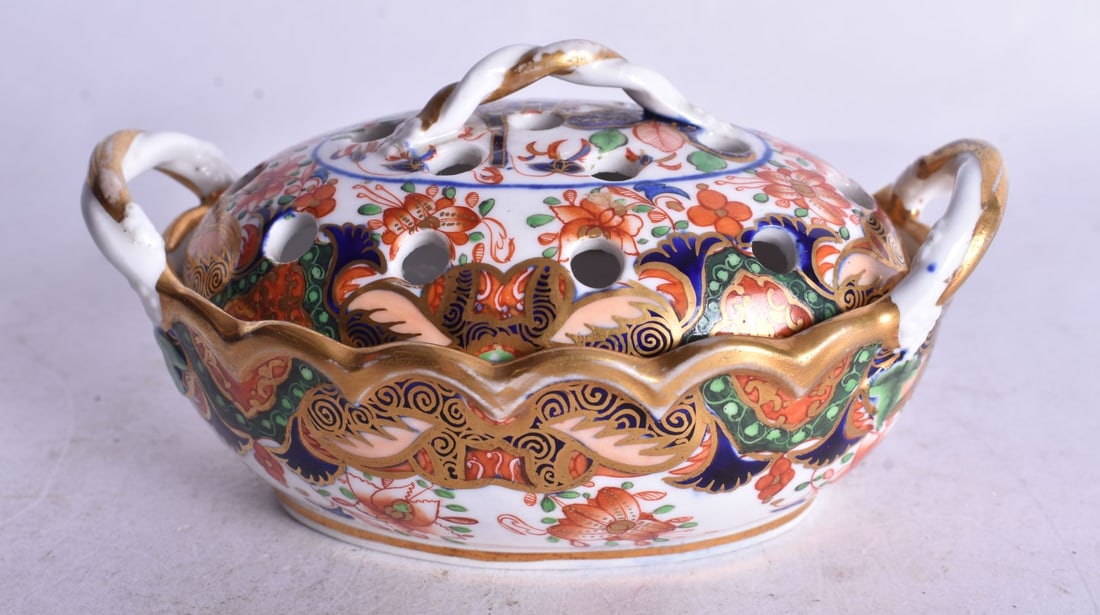 Spode Porcelain Pastille Burner of basket shape with pierced cover painted in the Imari style with p (1 of 5)