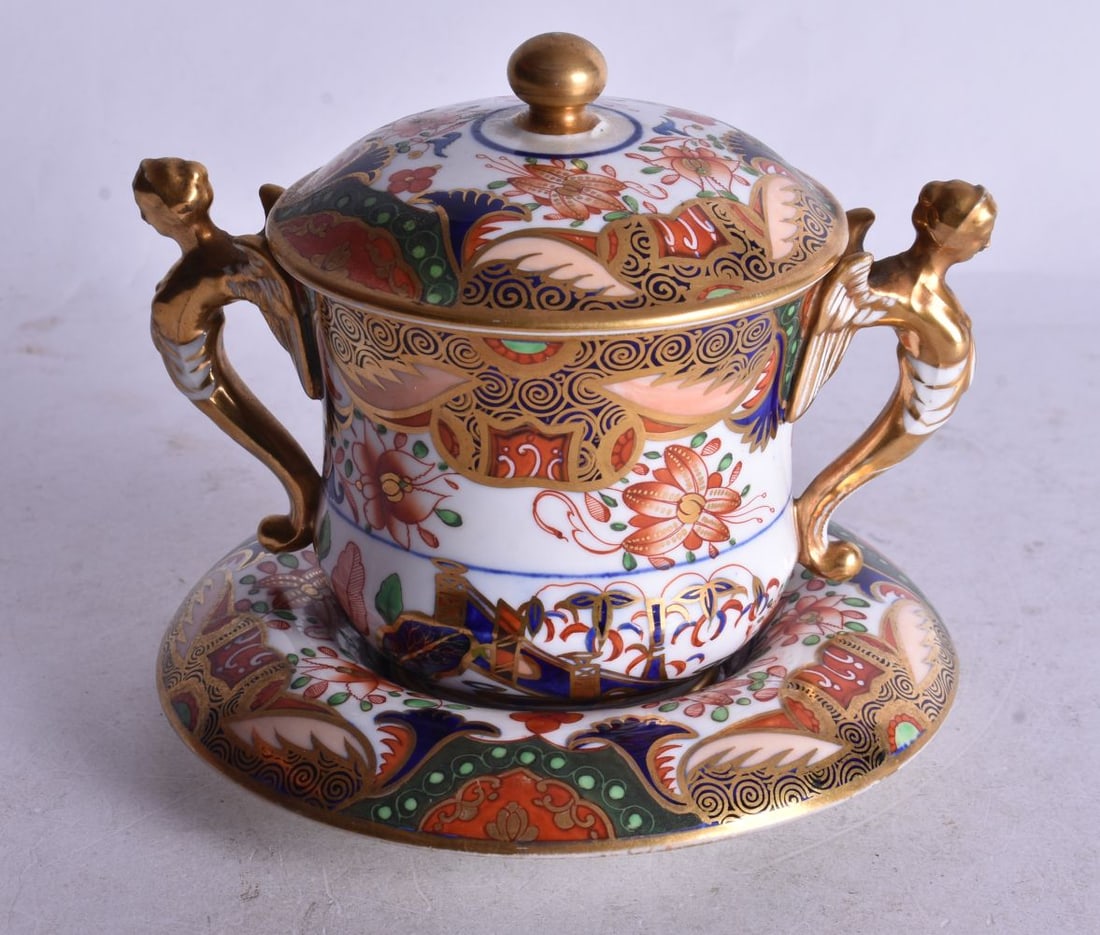 Spode Porcelain gilt headed, handled chocolate cup, cover and stand painted in imari style with patt (1 of 3)