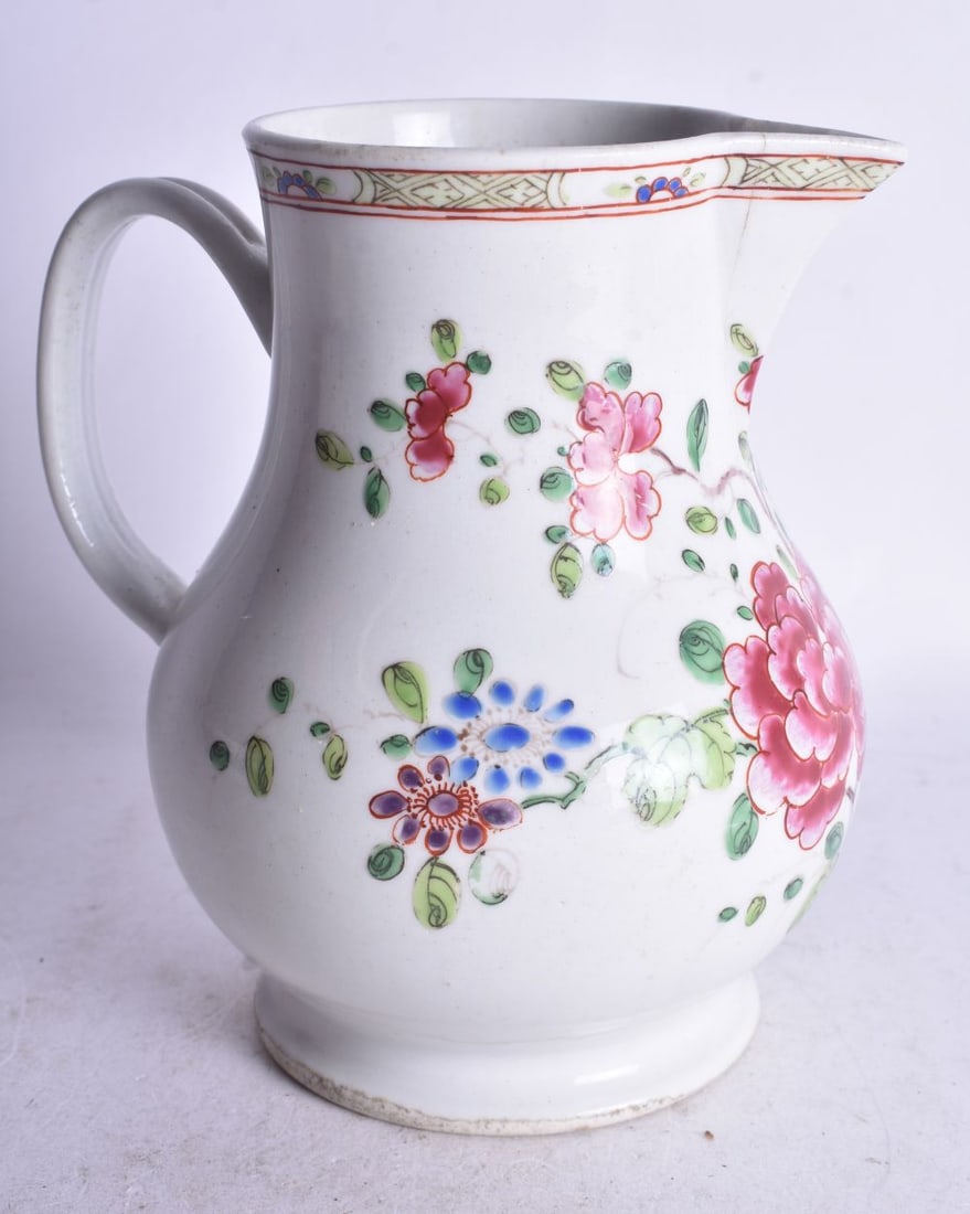 18th century Bow milk jug painted in famille rose style with flowers and rockwork, 13.5 cm high (1 of 4)