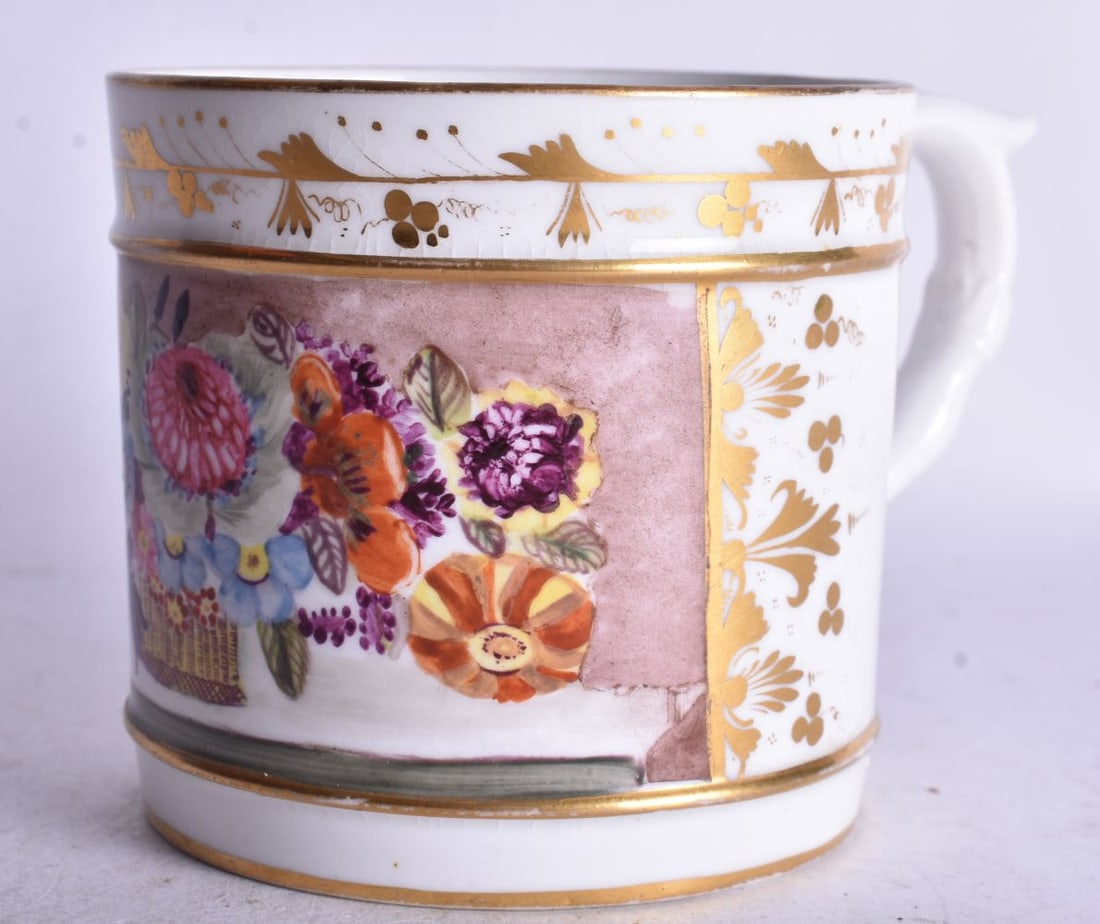 Early 19th century Derby mug painted with a table of flowers in a basket. 7.5cm height (1 of 4)