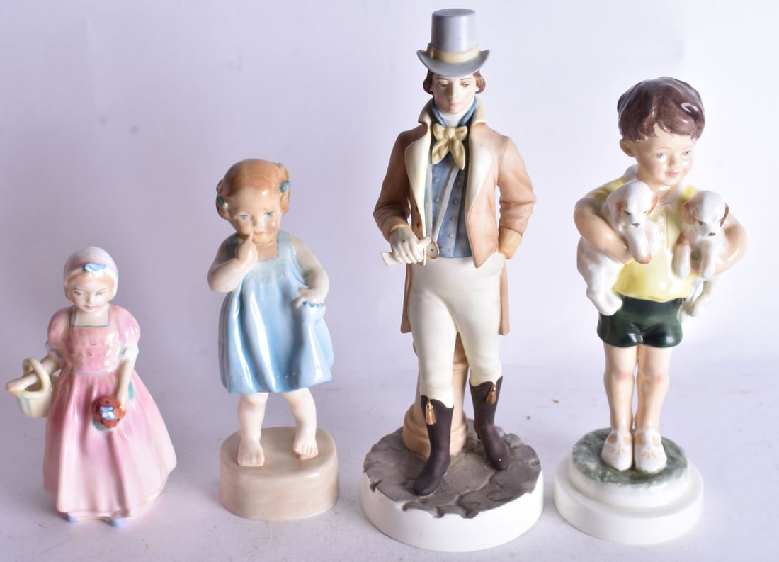 20th century Royal Worcester figures, a gentleman, two girls and a boy with two dogs, 22cm high (1 of 3)