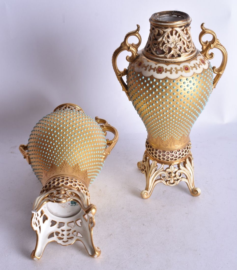 Late 19th century Coalport pair of turquoise jewelled vases, reticulated bases and necks, 21cm (1 of 2)