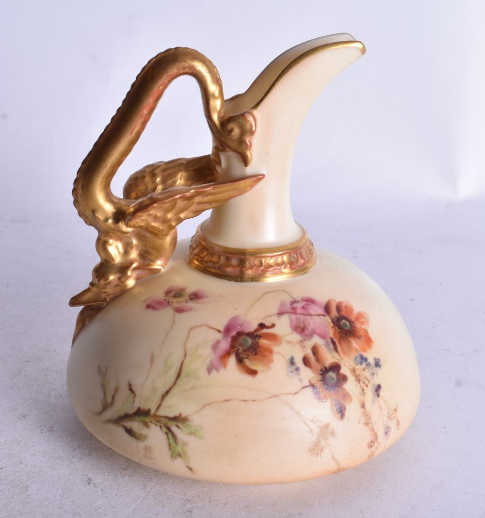 Royal Worcester ewer with dragon handled decorated with wild flowers and signed ?ER? date code 1892, (1 of 3)