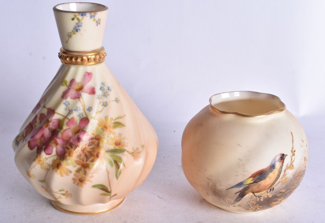 Royal Worcester spherical vase painted with a bird on a raised gold branch date code 1891 and a spir (1 of 3)