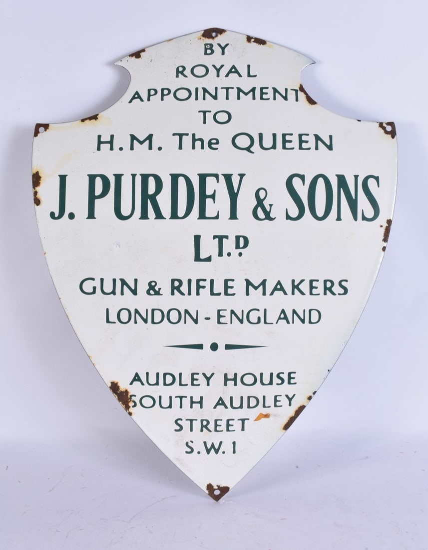 A LARGE ENAMEL PURDEY & SONS ADVERTISING PLAQUE. 48 cm x 38 cm.: A LARGE ENAMEL PURDEY & SONS ADVERTISING PLAQUE. 48 cm x 38 cm.