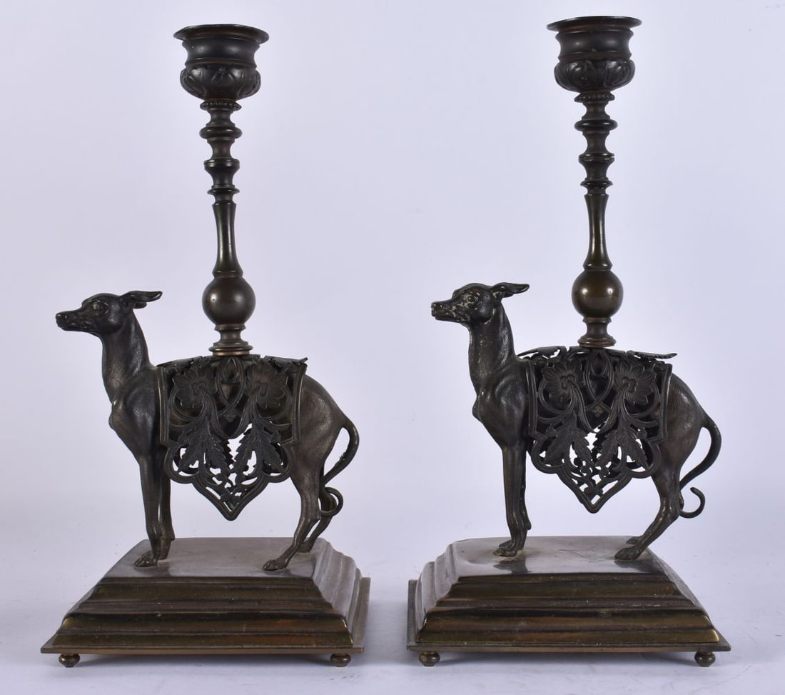 A PAIR OF 19TH CENTURY BRONZE GREYHOUND CANDLESTICKS. 22.5 cm high. (1 of 4)