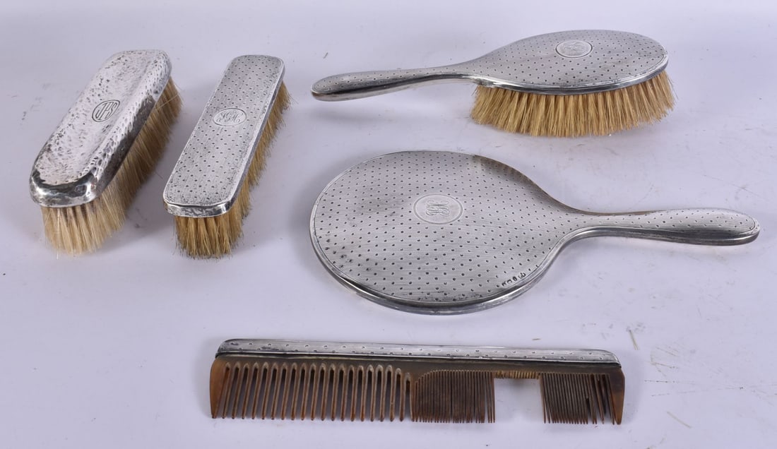 AN ANTIQUE SILVER DRESSING TABLE SET. 665 grams overall. (5) (1 of 6)