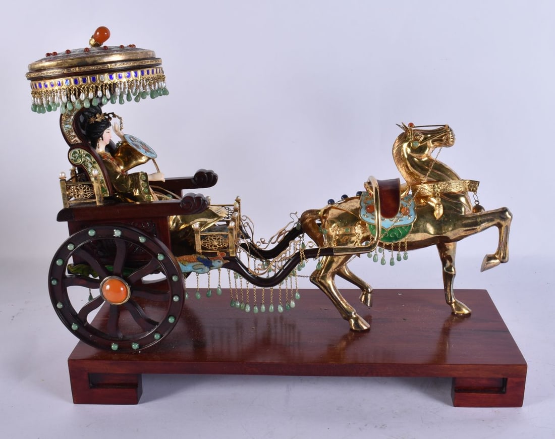 A LARGE CHINESE REPUBLICAN PERIOD SILVER ENAMEL AND HARDSTONE CHARIOT GROUP. 38 cm x 32 cm. (1 of 4)
