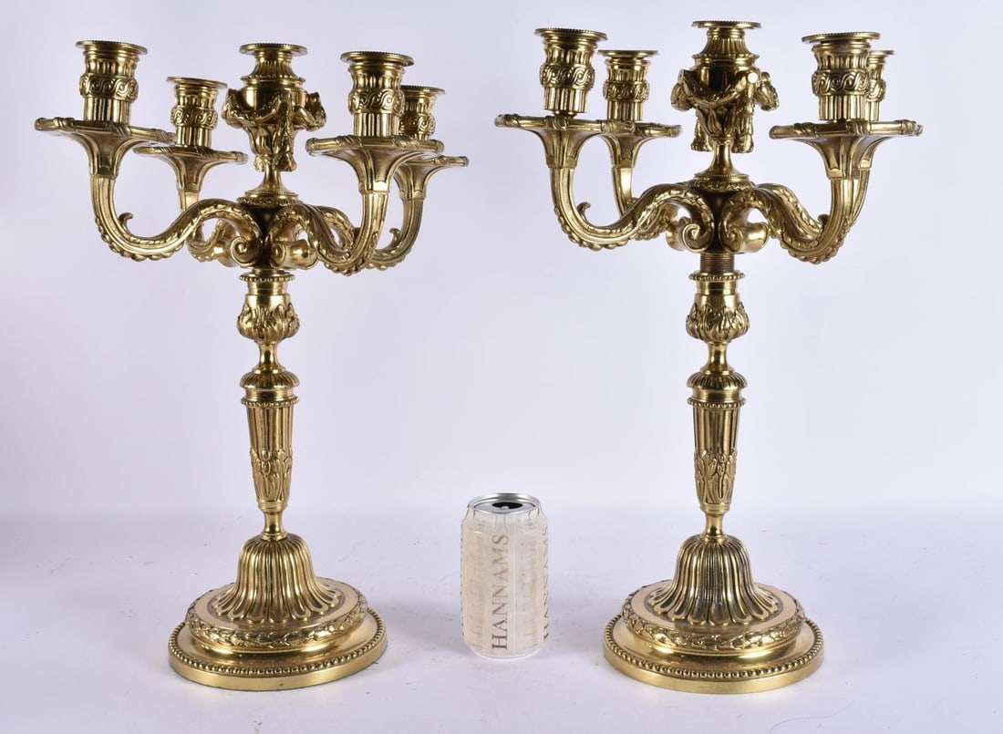 A LARGE PAIR OF EUROPEAN BRONZE CANDELABRA. 45 cm x 22 cm. (1 of 4)