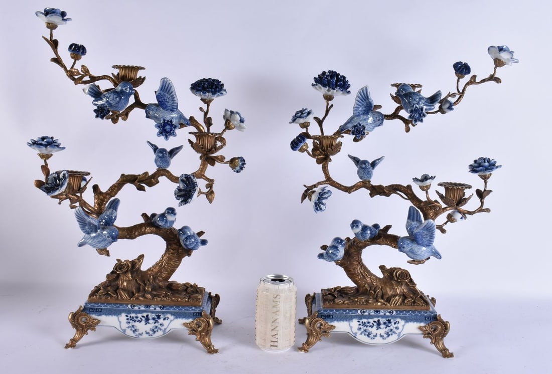 A LARGE PAIR OF CONTINENTAL BLUE AND WHITE BRONZE AND PARROT CANDLESTICKS. 51 cm x 30 cm. (1 of 7)