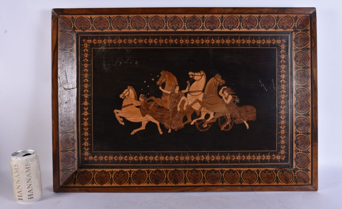 A LARGE 19TH CENTURY MARQUETRY INLAID HORSE AND CHARIOT TRAY. 68 cm x 44 cm. (1 of 4)