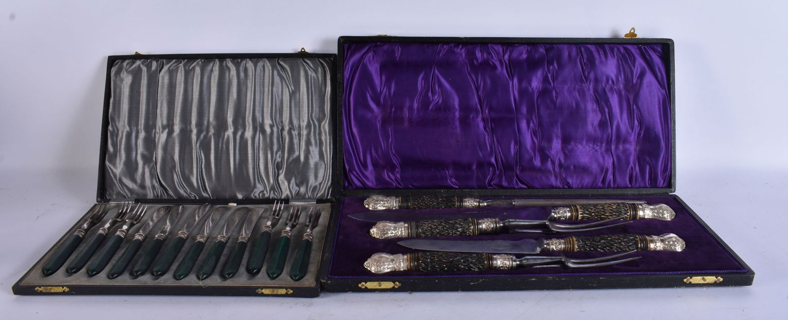 A CASED ANTIQUE ANTLER HORN SERVING SET together with another cased set. (2) (1 of 4)