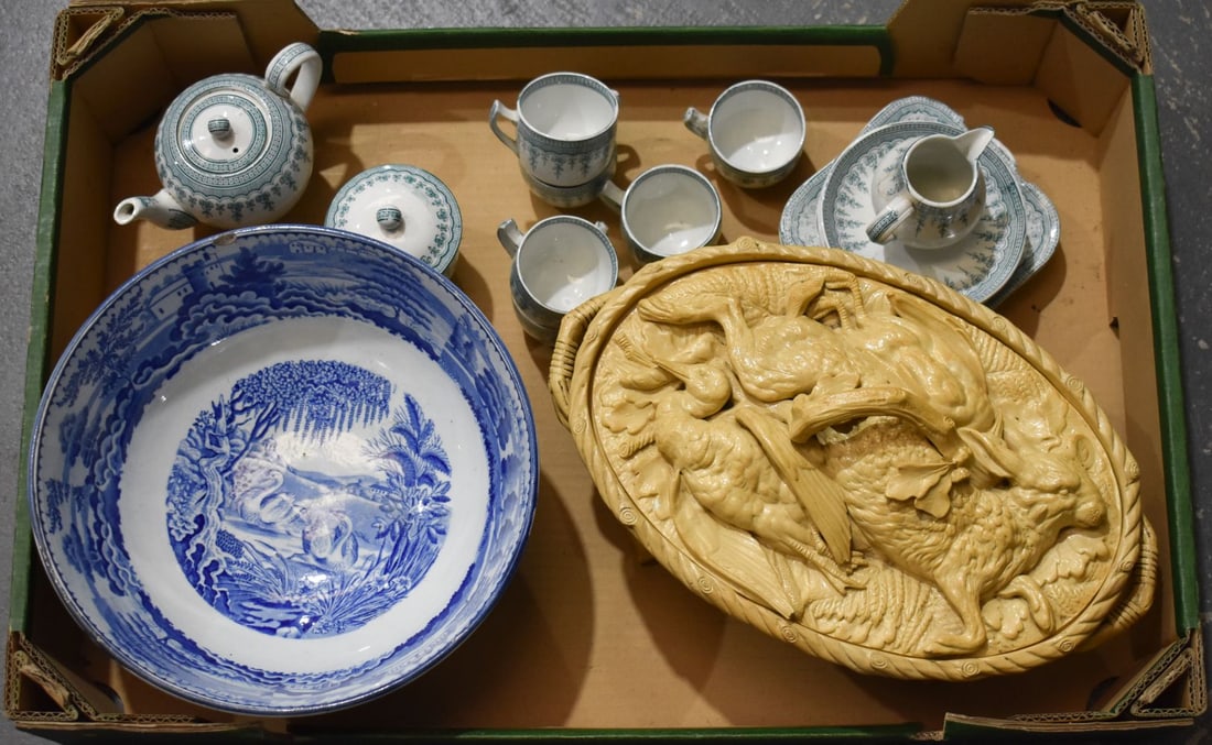 A LARGE ANTIQUE STAFFORDSHIRE BLUE AND WHITE BOWL together with a tureen & cover & miniature teaset. (1 of 3)