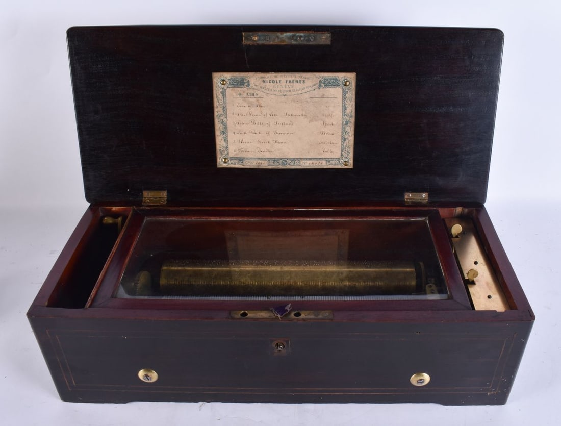 AN ANTIQUE SWISS NICOLE FRERES MUSIC BOX playing six airs. Working. 47.5 cm wide, cylinder 26.5 cm w (1 of 6)