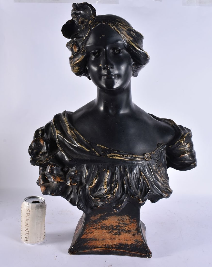 A LARGE ART DECO PAINTED PLASTER BUST. 60 cm x 38 cm. (1 of 5)
