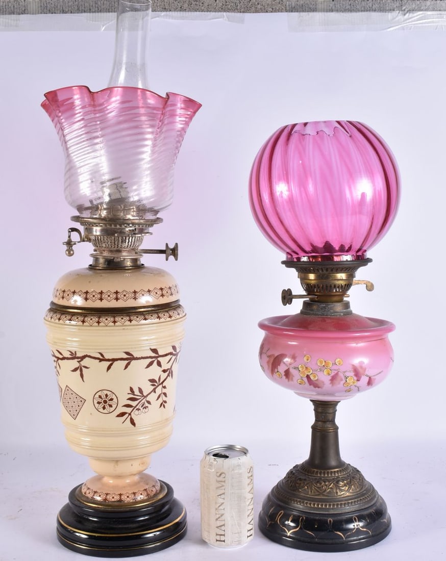 TWO LARGE ANTIQUE OIL LAMPS. Largest 60 cm high. (2) (1 of 5)