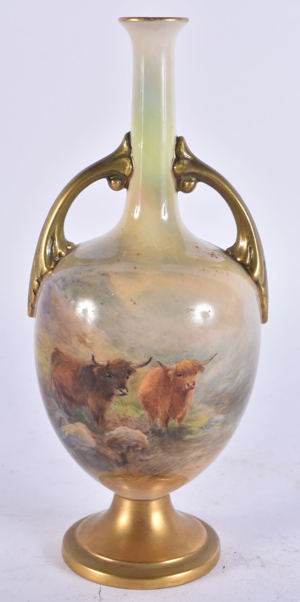 A ROYAL WORCESTER TWIN HANDLED VASE by Harry Stinton. 19.5 cm high. (1 of 4)