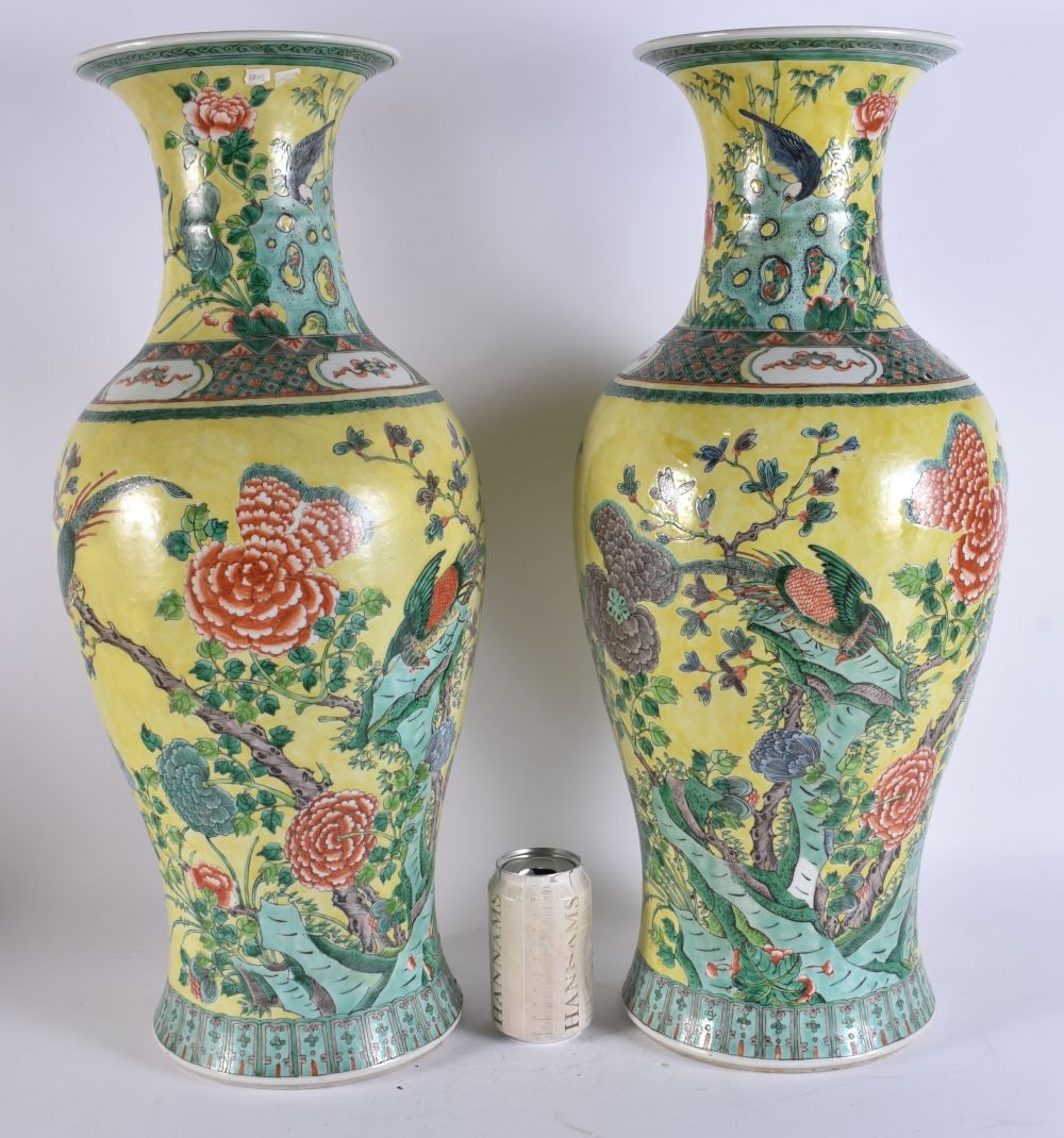 A LARGE PAIR OF 19TH CENTURY CHINESE FAMILLE VERTE JAUNE PORCELAIN BALUSTER VASE painted with butter: A LARGE PAIR OF 19TH CENTURY CHINESE FAMILLE VERTE JAUNE PORCELAIN BALUSTER VASE painted with butterflies and foliage. 58 cm x 22 cm.