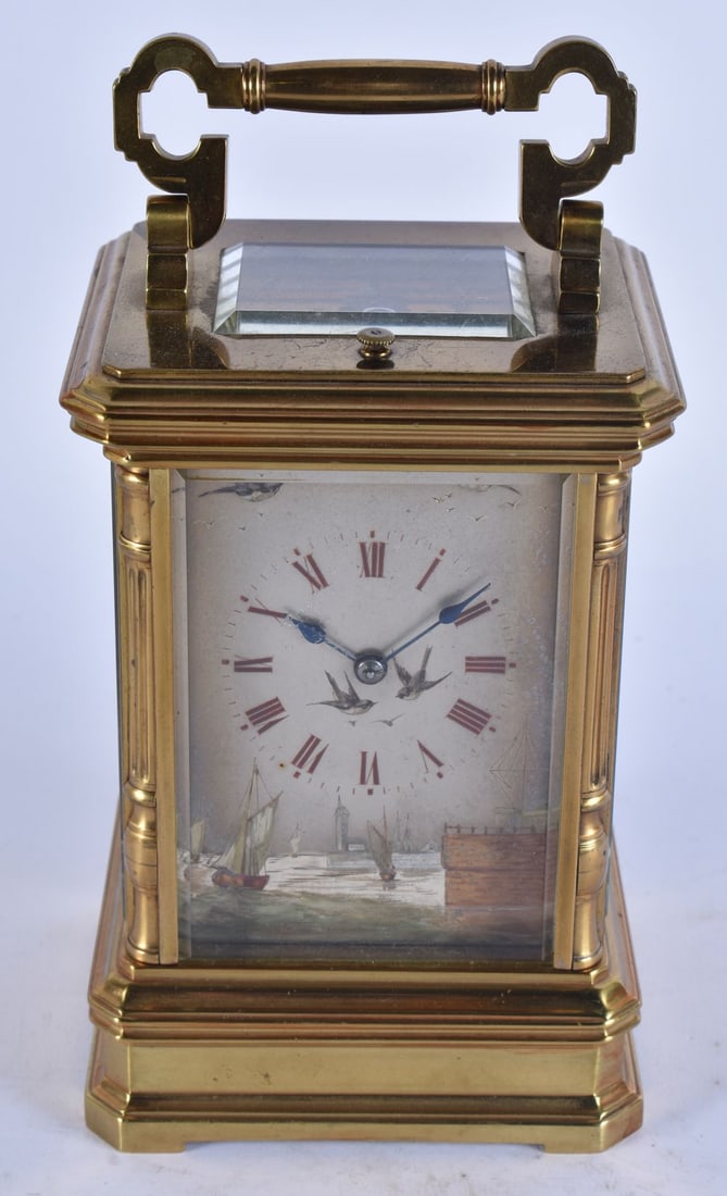 AN UNUSUAL LATE 19TH CENTURY REPEATING BRASS CARRIAGE CLOCK inset with cold painted metal panels of (1 of 5)