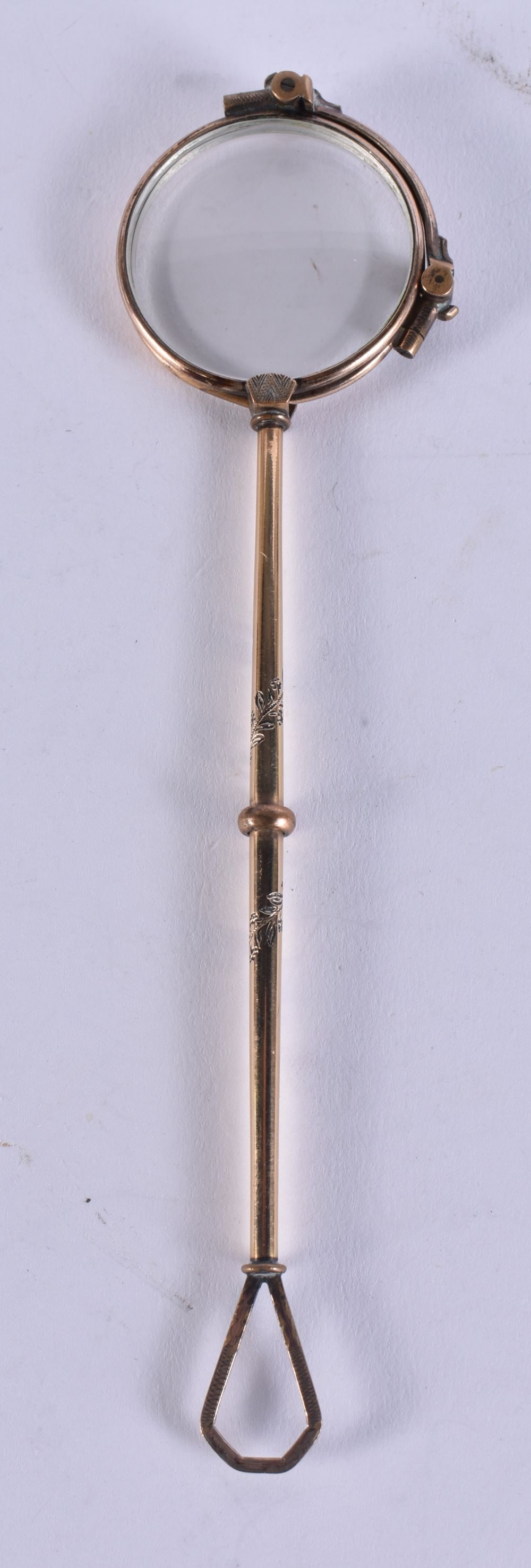 A PAIR OF YELLOW METAL LORGNETTES. 25.3 grams. 17 cm long extended. (1 of 2)