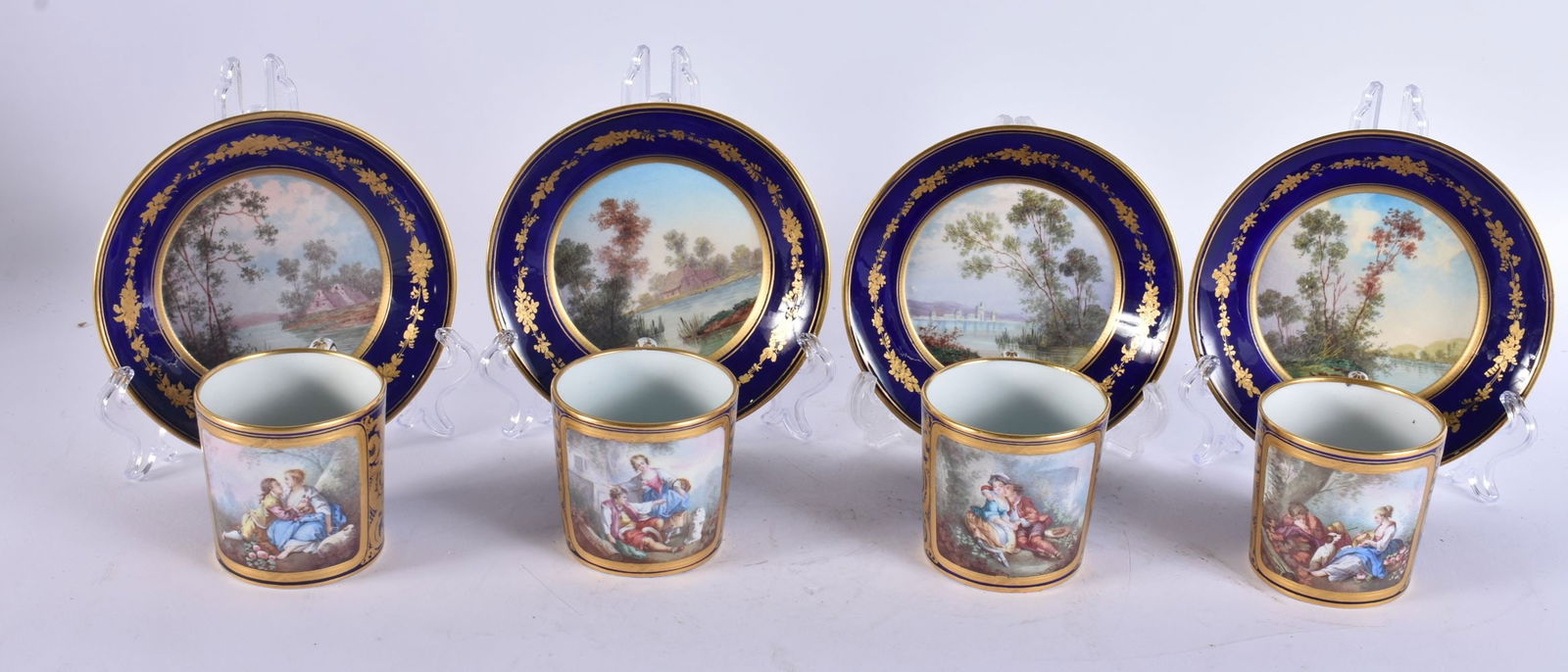 FOUR 19TH CENTURY FRENCH SEVRES PORCELAIN CUPS AND SAUCERS. 13 cm wide. (8) (1 of 4)