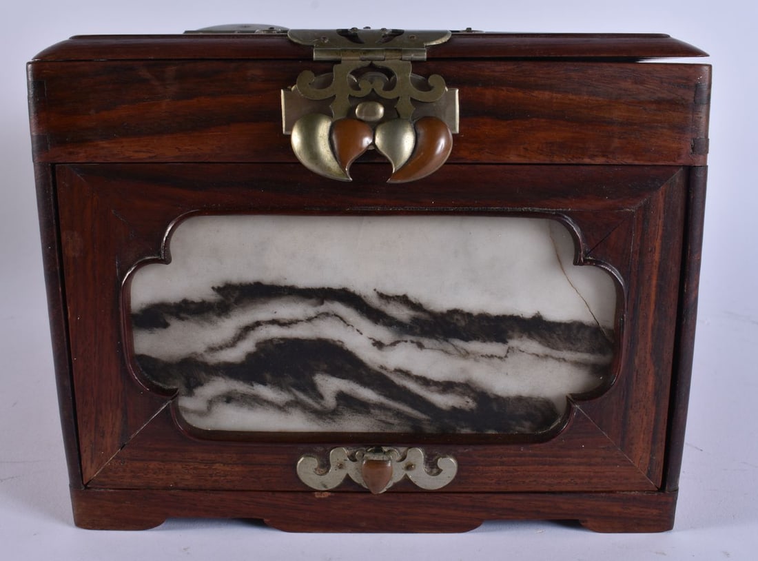 A CHINESE QING DYNASTY CAVED DREAMSTONE AND HARDWOOD TRAVELLING BOX possibly Huanghuali. 26 cm x 15 (1 of 9)