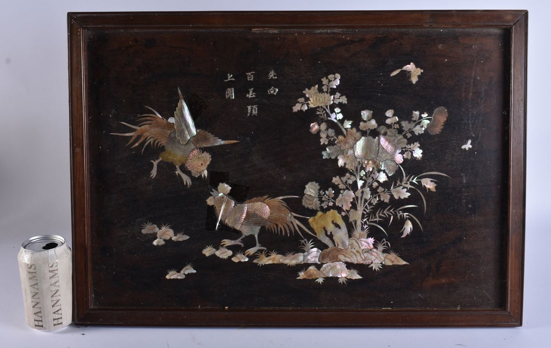 A 19TH CENTURY CHINESE CARVED HARDWOOD MOTHER OF PEARL INLAID TABLE decorated with fowl amongst foli (1 of 7)