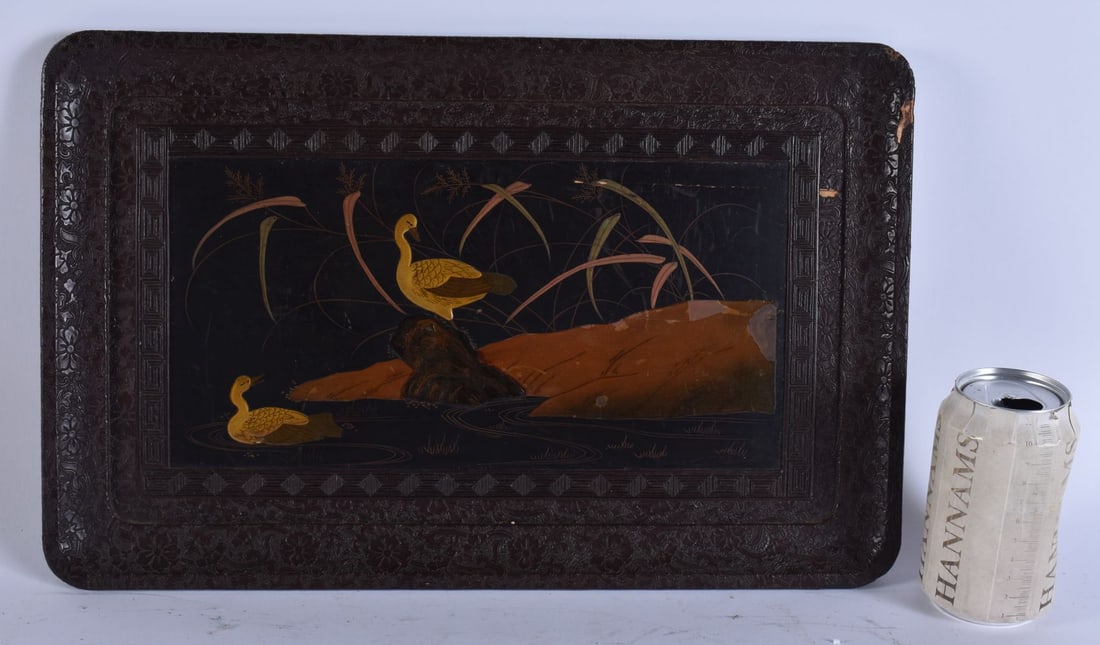 A 19TH CENTURY JAPANESE CINNABAR LACQUER RECTANGULAR TRAY decorated with ducks and flowers. 44 cm x (1 of 5)