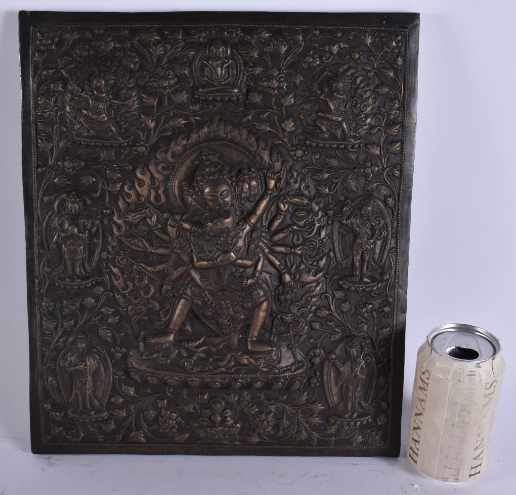A TIBETAN REPOUSSE BUDDHIST PANEL. 35 cm x 28 cm.: A TIBETAN REPOUSSE BUDDHIST PANEL. 35 cm x 28 cm.