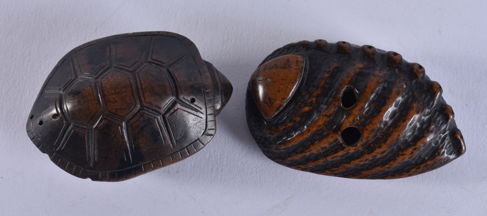 TWO 18TH CENTURY JAPANESE EDO PERIOD CARVED WOOD NETSUKES. Largest 5 cm x 3.25 cm. (2) (1 of 6)