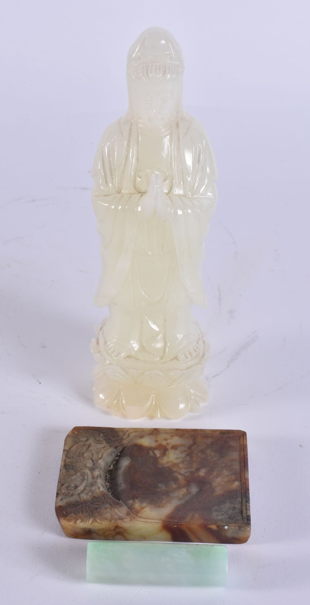TWO CHINESE JADE CARVINGS together with a Peking glass figure of an immortal. Largest 20.5 cm high. (1 of 8)
