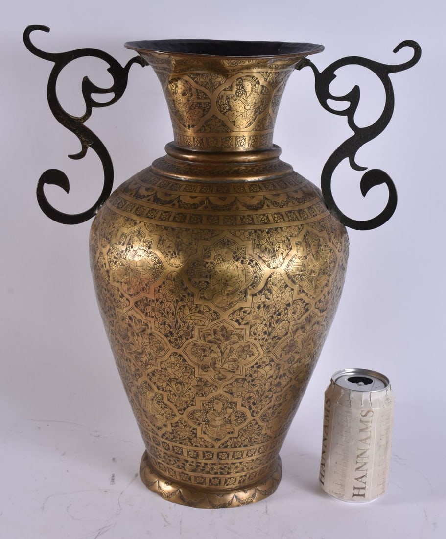 A 19TH CENTURY MIDDLE EASTERN PERSIAN ISLAMIC TWIN HANDLED BRASS VASE decorated with figures. 40 cm (1 of 7)