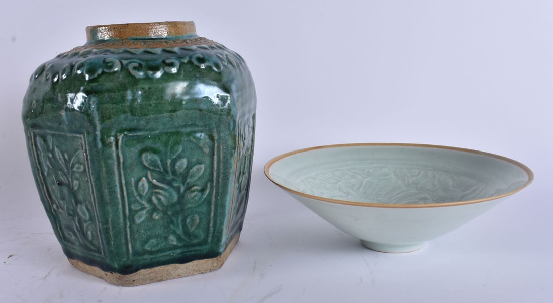 A CHINESE QING DYNASTY GREEN GLAZED GINGER JAR together with a blue glazed dragon bowl. Largest 20 c (1 of 8)