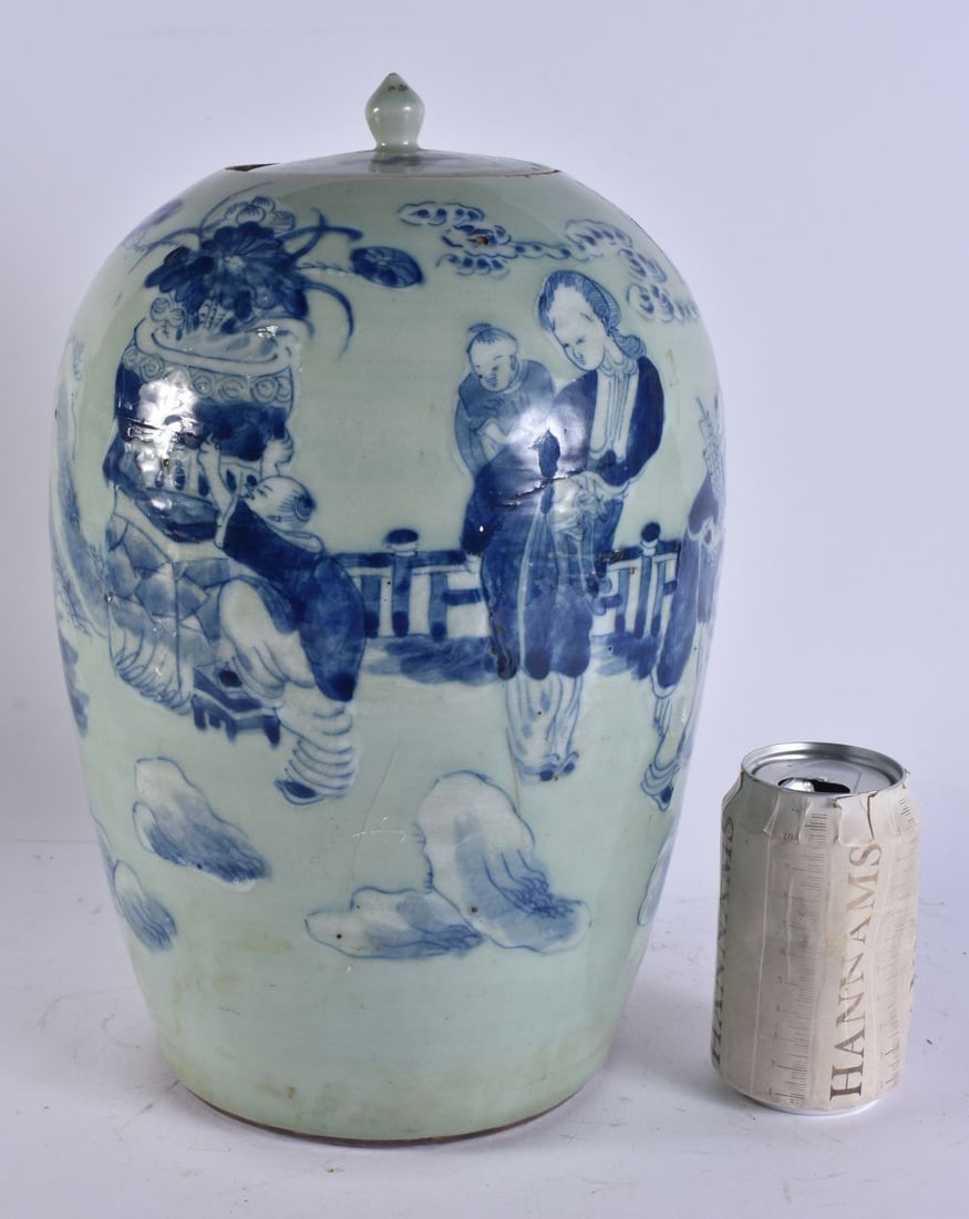A 19TH CENTURY CHINESE CELADON BLUE AND WHITE PORCELAIN VASE AND COVER Late Qing. 35 cm x 18 cm. (1 of 6)